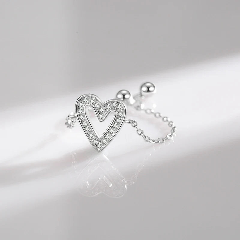 Bague Argent Femme Réglable | Bague Chaîne Symbole Coeur