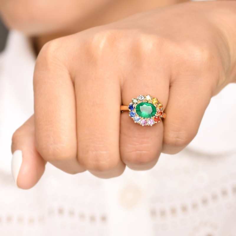 Bague émeraude et saphirs multicolores