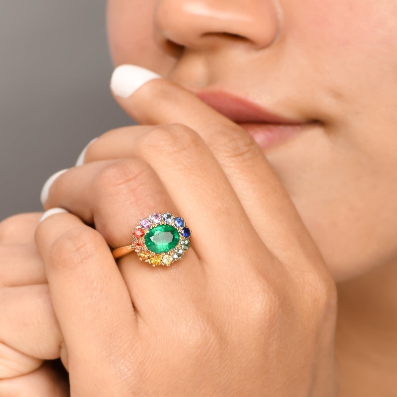 Bague émeraude et saphirs multicolores - Or Jaune
