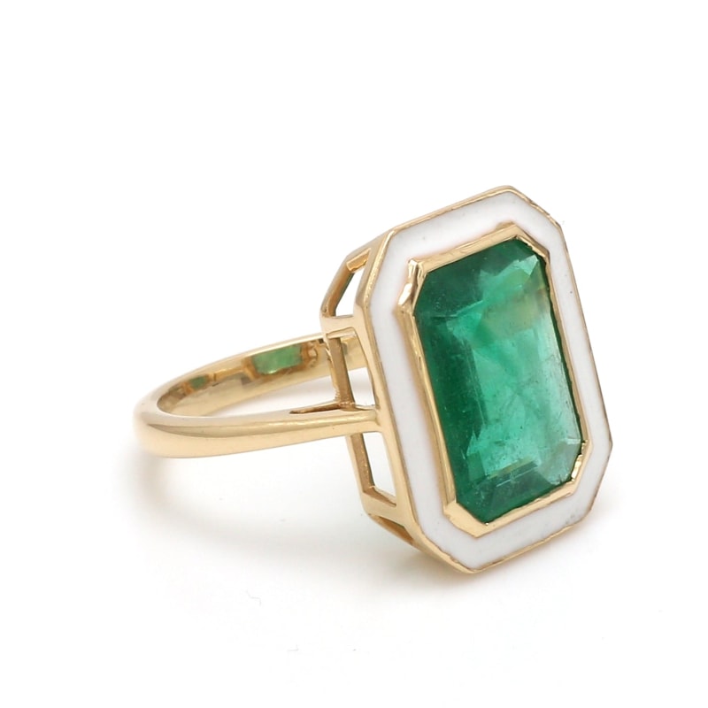 Bague émeraude octogonale et émail - Or Jaune 18k