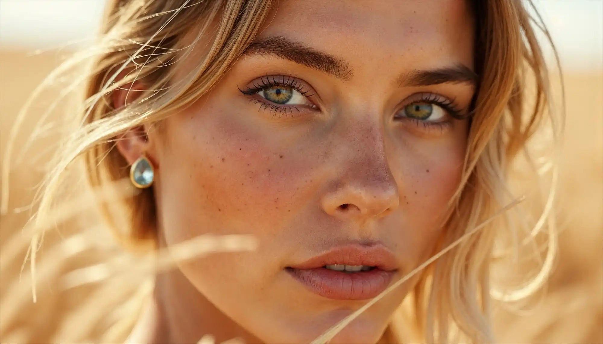 Le visage d'une femme avec des cheveux clairs, des taches de rousseur et des yeux verts, portant une seule boucle d'oreille en forme de larme.