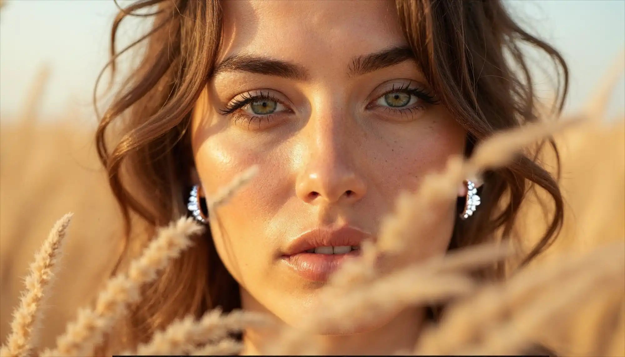 Une femme aux yeux vert clair et aux cheveux foncés et ondulés, portant des boucles d'oreilles étincelantes, partiellement obscurcie par des talles de blé doré-brun.