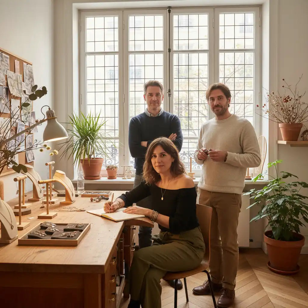 Trois personnes dans un atelier de joaillerie.