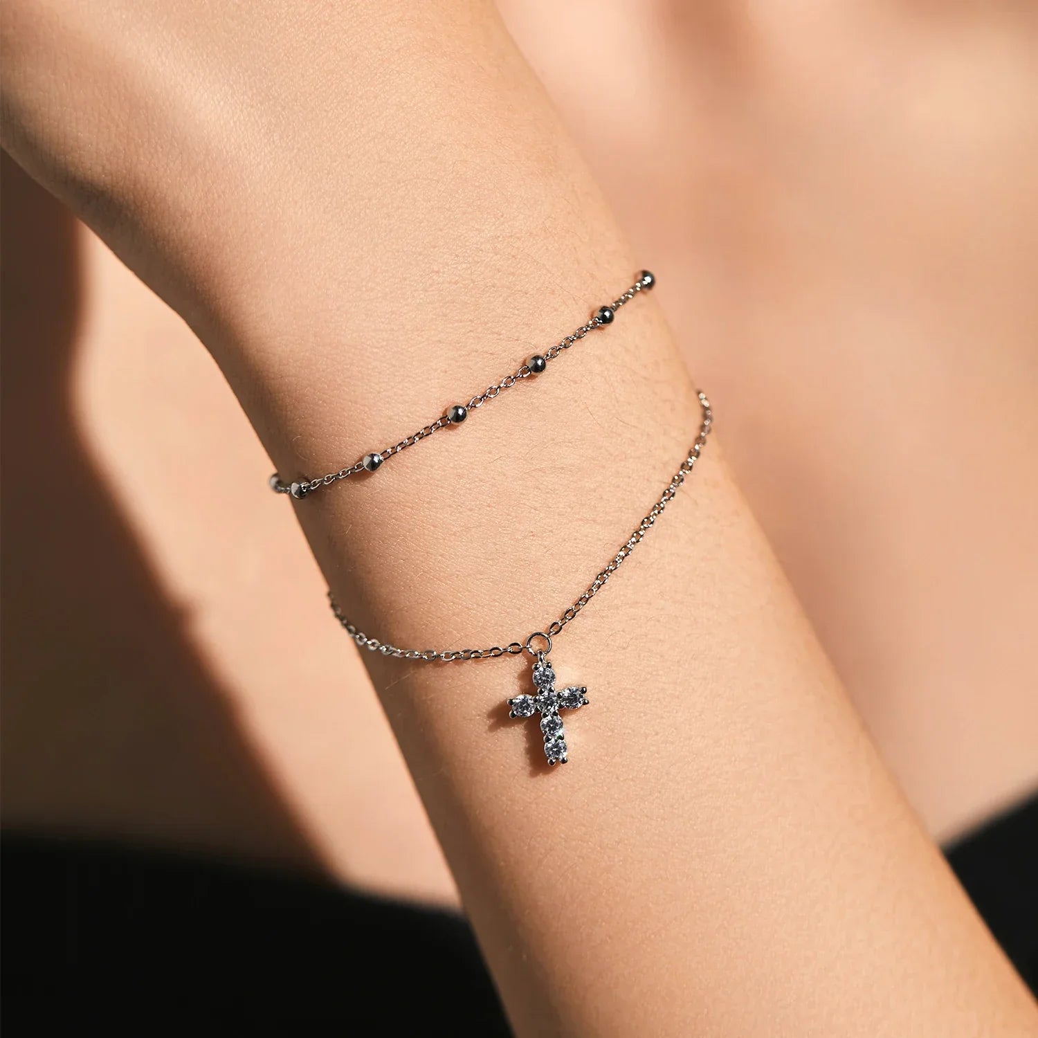 Bracelet Argent Femme | Bracelet Multi-Rangs avec Croix